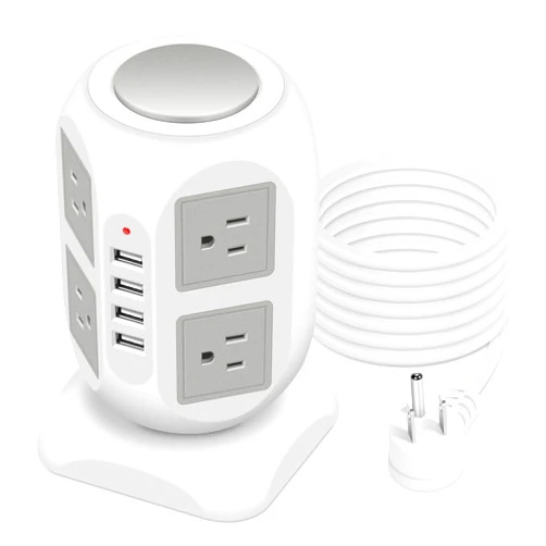 GLCONN 8-Outlet Power Strip Tower | 15 FT Long Extension Cord with Multiple Outlets, 4 USB Ports, Flat Plug | Multi Plug Charging Station | Space-Saving Surge Protector Tower for Desk, Office, Home, Room