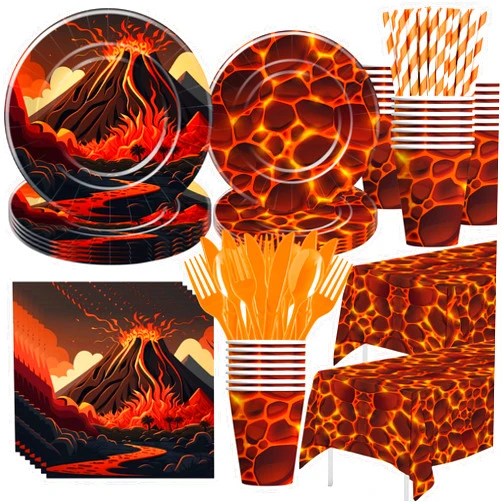 Xenorik Volcano Party Decorations Tableware - Volcano Hot Lava Birthday Party Supplies, Paper Plate, Cup, Napkin, Tablecloth, Cutlery, Lava Volcano Theme Dragon Dinosaur Party Decorations | Serve 24