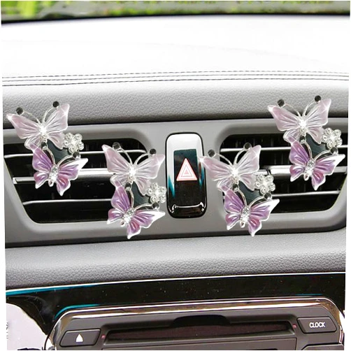 GLSOWEE Car Air Fresheners Vent Clip, Dual Butterfly Rhinestone Air Conditioning Outlet Clip, Cute Car Diffuser Perfume Clip, Sparkly Bling Car Interior Decor Accessories for Women (Purple, 4PCS)