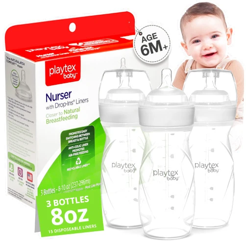 Playtex Baby Anti-Colic, Reduce Gas, Air Free Nurser Bottle with Pre-Sterilized Disposable Drop-Ins Liners, Closer to Breastfeeding, 8 Oz Bottles, 3 Count