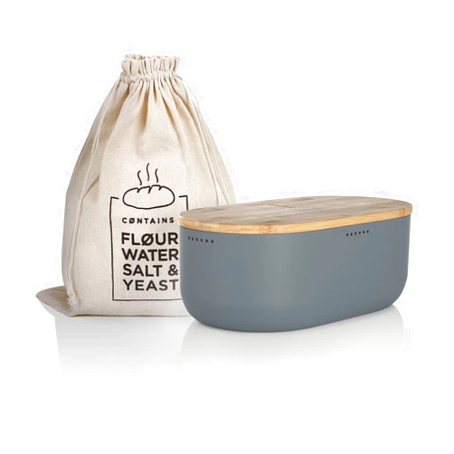 LARS NYSØM Bread Box I Metal bread box with linen bread bag for long lasting freshness I Bread box with bamboo lid usable as cutting board I 14.2x7.5x5.1 In (Ash Gray)