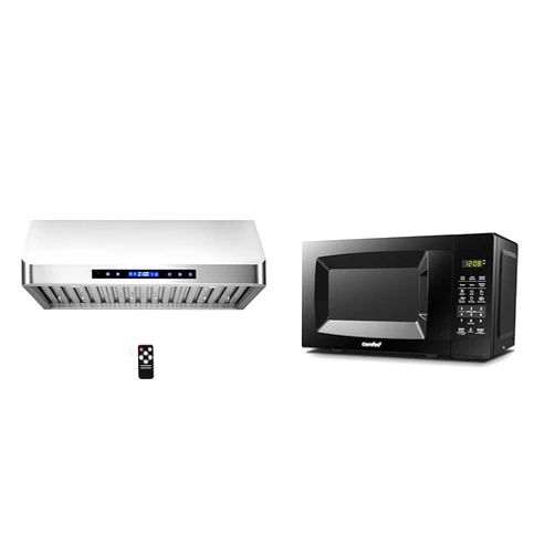 COSMO COS-QS75 30 in. Under Cabinet Range Hood with 500 CFM, Permanent Filters, LED Lights & COMFEE' EM720CPL-PMB Countertop Microwave Oven with Sound On/Off, ECO Mode