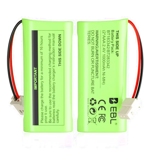 EBL BT183342/BT283342 2.4V 1000mAh Ni-MH Battery, Compatible with AT&T VTech Cordless Phone Batteries BT166342/BT266342 CS6709 CS6609 CS6509 CS6409 EL52100 EL50003 (Pack 2) Green