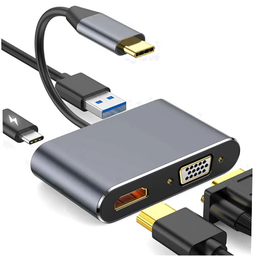 YRRNAE USB C to HDMI VGA Multiport Adapter, USB Type C 4 in 1 Hub to 4K HDMI/VGA/USB3.0/PD, Compatible with MacBook Pro, MacBook Air, iPad Pro, Pixelbook, XPS etc