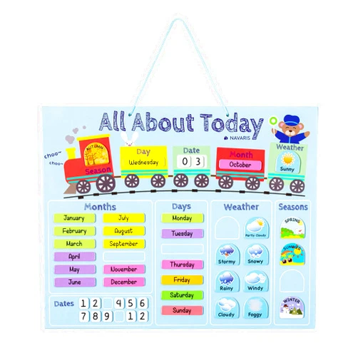 Navaris Kids Magnetic Calendar - Daily Learning Sticker Magnet Chart with Weather, Date, Month, Day, Season for Children - Blue Train Design, English