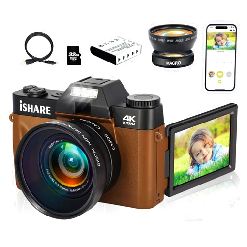 ISHARE 4K Digital Camera for Photography, 48MP FHD Video Camera with WiFi, 3 Inch Flip Screen, 16X Digital Zoom, Vlogging Camera for YouTube (32G Micro Card)