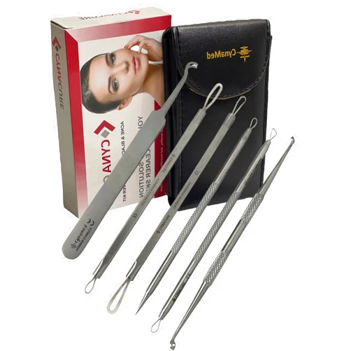 Cynamed German Stainless Professional Set of 6- Blackhead Remover Comedones Extractor Acne Removal Kit for Blemish,Whitehead Popping, Zit Removing for Nose Face Tools-Blackhead Removal w/Zipper Leather case