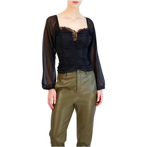 BCBGeneration Women's Sheer Long Sleeve Top Fitted Smocked Ruffle Square Neck Shirt