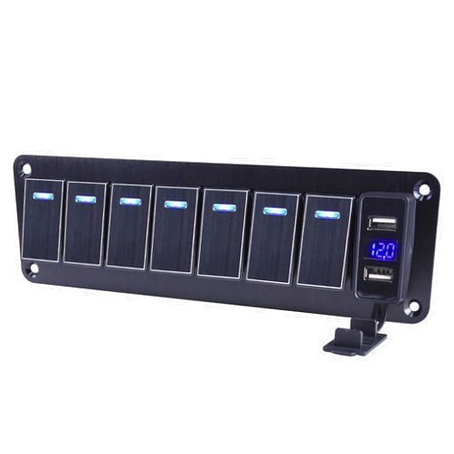 Xhtechnology 7 Gang Aluminum Rocker Switch Panel with 4.8 Amp Dual USB Charger Voltmeter Waterproof 12V 24V DC Rocker Switch with Night Glow Stickers for Cars Trucks Boats RVs