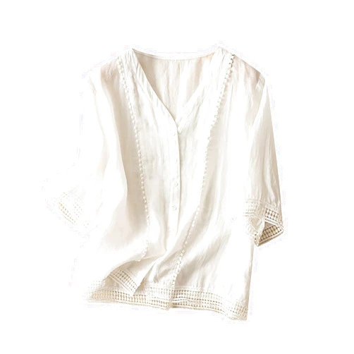 Generic Women's Cotton Linen Button Short Sleeve Shirts Summer Loose V Neck Casual Boho Top Vintage Embroidered Blouse Tops