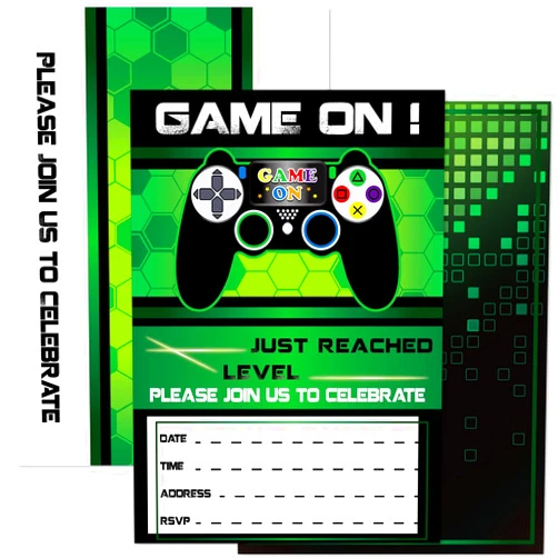 WERNNSAI 20 Set Video Game Kids Party Invitation with Envelopes Green Game Party Invites for Boys Game Theme Birthday Party Supplies Double-Sided Printed Invitation Cards
