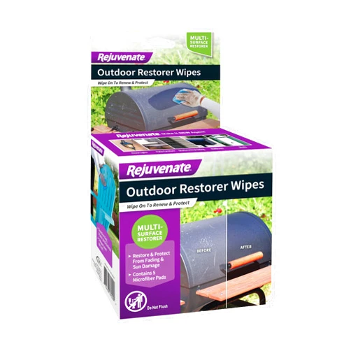 Rejuvenate Outdoor Restorer Wipes, 5 Count, Individually-Wrapped Pre- Saturated Microfiber Wipes Restore Faded and Weathered Surfaces Such As Patio Furniture, Shutters, Siding, Mailboxes And More