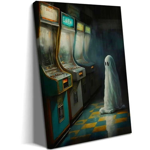 Julaydi Framed Vintage Halloween Ghost Wall Art, Funny Ghost Gamer Arcade Wall Decor Paintings, Gothic Dark Academia Pictures Canvas Prints Spooky Home Decor for Teen Game Room Bedroom Dorm 12x16 inch