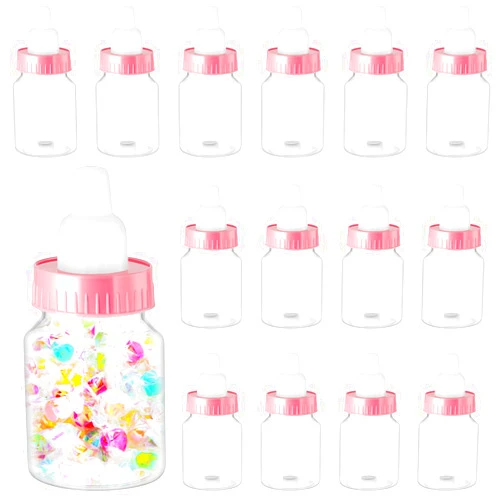 Patelai 36 Pcs 3.5 Inch Baby Bottle Shower Favor Mini Plastic Candy Bottle Clear Bottles for Baby Shower Mini Feeding Candy Box for Party Favor Gift Decor(Pink)