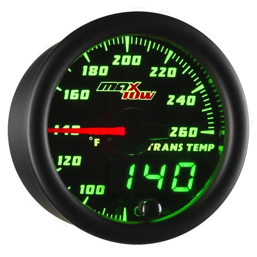 MaxTow Double Vision 260 F Transmission Temperature Gauge Kit - includes Electronic Sensor - Black Gauge Face - Green LED Illuminated Dial - Analog & Digital Readouts - for Trucks - 2-1/16