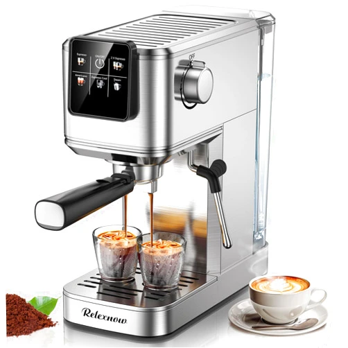 RELEXNOW Espresso Machine, 20 Bar Espresso Maker Milk Frother & LCD Panel, Hot & Iced Coffee Machine, Stainless Steel Espresso Coffee Machine with 41oz Water Tank for Cappuccino, Latte