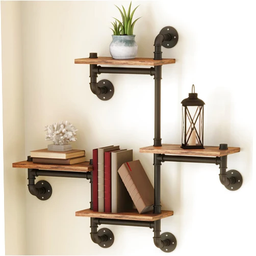 MAIKAILUN Industrial Floating Pipe Wall Mounted Shelves Rustic Modern Wood Shelving Bookcase 4 Layer Ladder Hanging Bookshelf for Home Bathroom Office Kitchen Decor(D)