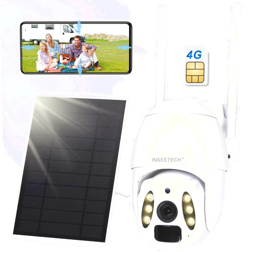 INSEETECH 4G LTE Tuya Smart Solar Wireless Camera with SIM Card, No WiFi Required, 2K PTZ 98FT Night Vision, Motion Detection, Waterproof IP66, 2 Way Audio, Supports Verizon/AT&T/T-Mobile
