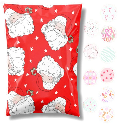 Pretty Package 10x13 Designer Christmas Holiday Poly Mailer 100 Pack Heavy Duty Waterproof Self Seal Shipping Bags Large Mailing Envelopes Bulk Tear Resistant Cute Packaging Red Santa