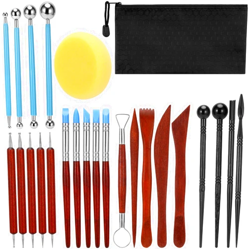 Blisstime Polymer Clay Tools 24pcs Air Dry Clay Tools, Dotting Tools Modeling Clay Tools Clay Scultping Tools, Clay Tool Kit with Bag for Polymer Clay, Air Dry Clay, Modeling Clay, Foam Clay