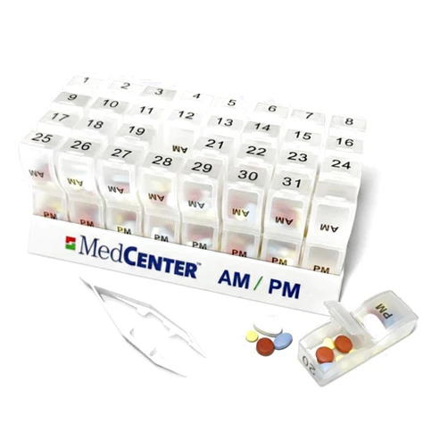MedCenter AM/PM Pill Organizer HSA/FSA – 31 Day Monthly Pill Box with 2 Daily Compartments (AM & PM), Easy-Open Lids, Bonus Pill Box & Tweezers – Medication Organizer for Vitamins & Prescriptions