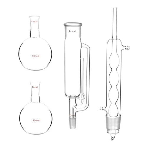 QWORK Glass Soxhlet Extraction Apparatus Set 45/40 with Tube, Lab Glassware 2 pcs 24/40 Joints 500 ml Flat Bottom Flasks and 1 Allihn Condenser for Laboratory-Scale Reflux, Plant Botanical Extraction