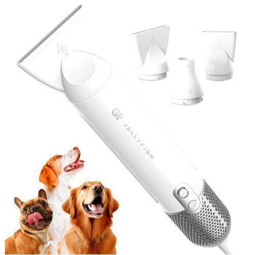 Jellyfish Lightweight Portable Pet Grooming Hair Dryer with 4 Temperatures, 3 Nozzles, and 2 Speeds - Low Noise High Velocity Blower for Home and Travel