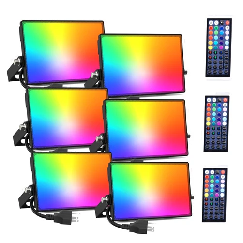 Onforu 6 Pack RGB LED Flood Light Outdoor, 50W Color Changing Uplights with Remote, 2700K Warm White IP66 Stage Lighting, Landscape Floor Spotlights Indoor, Uplighting Indoor Floor Light for Halloween