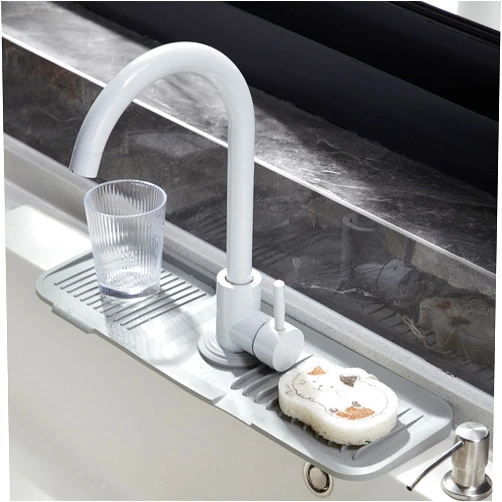 HuiSense Silicone Faucet Handle Drip Catcher Tray Mat, Silicone Faucet Mat Dish Soap Sponge Holder for Kitchen Sink Accessories Gadgets, Drying Mat for Kitchen Counter Bathroom Kitchen Sink Splash Guard(Grey)