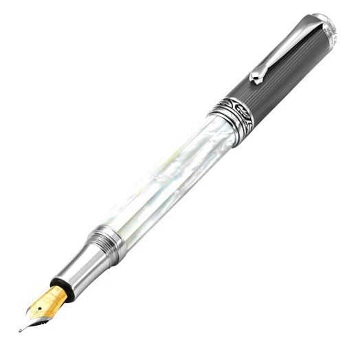 Xezo Maestro Handmade Fountain Pen, Medium Nib. Iridescent Oceanic Origin White Mother of Pearl with Diamond-Like Carbon PVD. Serialized, No Two Pens Alike