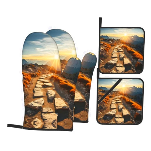 Yuiptr Mountain at Sunrise Oven Mitts Pot Holders Set 4pcs Kitchen Glove High Christmas Degree Cooking Bake Gril BBQ