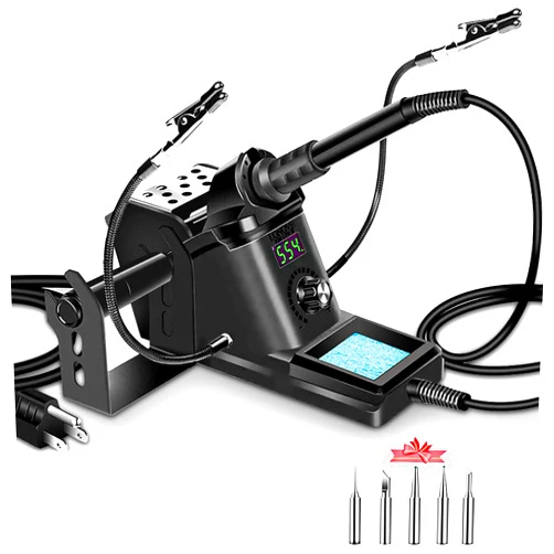 Lonovo Soldering Iron Station Kit – 60W Solder Station 194℉-896℉ Adjustable Temperature, LED Display, Sleep Function, C/F Switch, 2 Helping Hands, 5 Extra Solder Tips & 1 Solder Wire (926-Black)