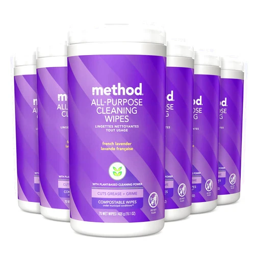Method All-Purpose Cleaning Wipes, French Lavender, Multi-Surface, Compostable, 70 Count (Pack of 6)