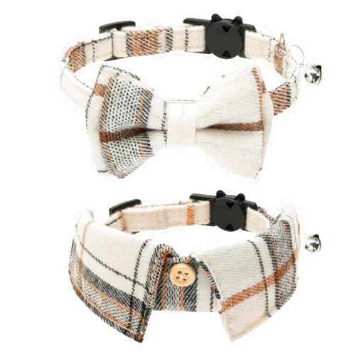 TUKOAW 2 Pcs/Set Breakaway Cat Collar with Bell, Plaid Bow Tie Cat Collar and Cute Shirt Cat Collar for Girl&Boy Cats, Kitten, Puppy (Adjustable Neck 7.8