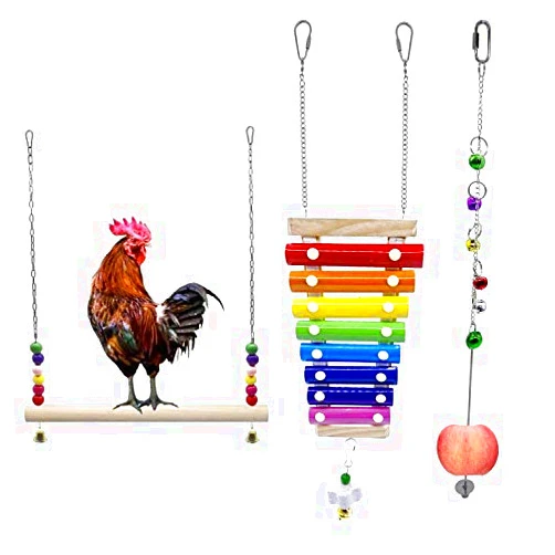 EBaokuup 3PCS Chicken Toys for Coop Accessories, Chicken Xylophone Toy, Suspensible Wooden Chicken Toys for Hens Chicken Stand Toy, Chicken Vegetable Hanging Feeder Chicken Veggies Skewer Fruit Holder