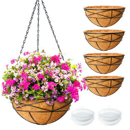 Karlliu 4 Pack 14 Inch Hanging Flower Baskets for Outdoor Plants Large Metal Wire Planters with Coco Liner Pot for Home Planting Black Watering Plant Holders for Outside Garden Gift