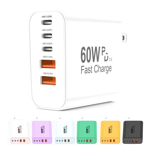 Uoyssimi USB C Charger Block, 5 in 1 60W Charging Blocks, PD 3.0 25W Single Max Fast Charger, QC 2A USB Wall Charger for iPhone 17 16 15 14 13 12 Pro Max, iPad, iPod, Samsung, AirPods Pro, Apple Watch Series