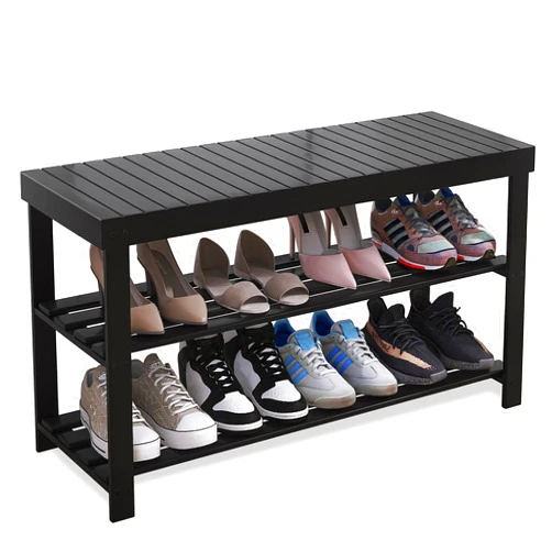 SMIBUY Bamboo Shoe Rack Bench, 3-Tier Shoe Organizer Storage Shelf for Entryway Hallway Bathroom Living Room (Black)