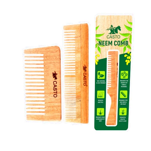 CASTO Organic Pure Neem Handmade Neem Wood Comb for Men and Women Pack of 2 (Neem Comb + C)