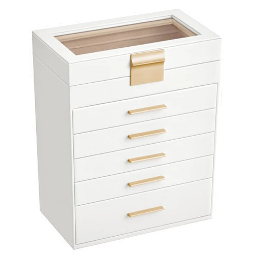 SONGMICS Jewelry Box with Glass Lid, 6-Layer Jewelry Organizer, 5 Drawers, for Sunglasses, Big Jewelry, Jewelry Storage, Modern Style, Cloud White and Gold Color UJBC171W01
