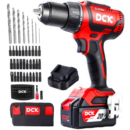 DCK Brushless Cordless Drill Set, 20V Max Electric Drill with 4.0Ah Battery 531in.lbs, 1/2Inch Keyless All-Metal Chuck, 2 Variable Speeds, Power Drill Kit for Screw Wood/Ceramic/Tile/Steel KDJZ04-13