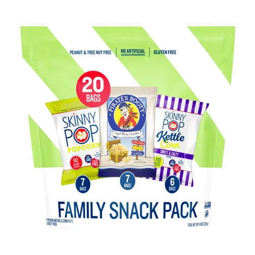 HERSHEY'S SkinnyPop Family SnackPack Original, Pirate's Booty and SkinnyPop Kettle, Gluten Free, Non-GMO, Vegan Popcorn, Healthy Snacks, 0.5oz Indivudlaly Sized Bags, (20 Count)