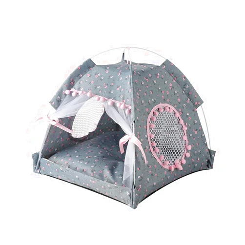 Selena Cat Bed Tents Dog House Indoor Outdoor Lace Mesh Breathable Windows Door Curtains Removable Portable Nest Teepe House (Small,Gray&Pink)