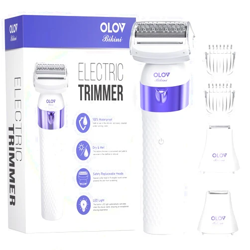 OLOV BIKINI Bikini Trimmer, Electric Shaver for Women, IPX7 Waterproof Wet & Dry Electric Razors, Bikini Legs Underarm Public Hairs Rechargeable Trimmer with 3 Trimmer Heads-Purple