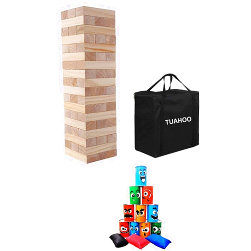TUAHOO Giant Tumbling Tower Games Wooden Blocks Stacking Game + Tin Can Alley Bean Bag Toss Game for Adult, Kids, Family Fun Outdoor Backyard Games