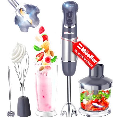 Mueller Multistick 800W 4-in-1 Immersion Blender Handheld, 12 Speed Hand Mixer - Turbo Boost, Heaviest Duty Copper Motor, Titanium Blades Hand Blender, Milk Frother Wand, Whisk, Beaker, Chopper, Grey
