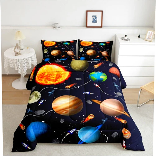 Erosebridal Planets Bedding Set for Boys,Solar System Comforter Set Twin Size for Kids,Outer Space Theme Down Comforter Warm,Rocket Starry Sky Quilted Duvet with 1 Pillowcase