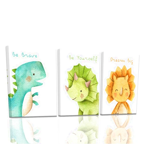 KAKEMONO Canvas Wall Art Watercolor Dinosaur Room Decor for Boys Ready to Hang Kids Room Educational Gift Wall Decorations Framed Wall Art Gallery Wrapped 3 Pieces Canvas Art Print Set Stretched 12x16inchx3