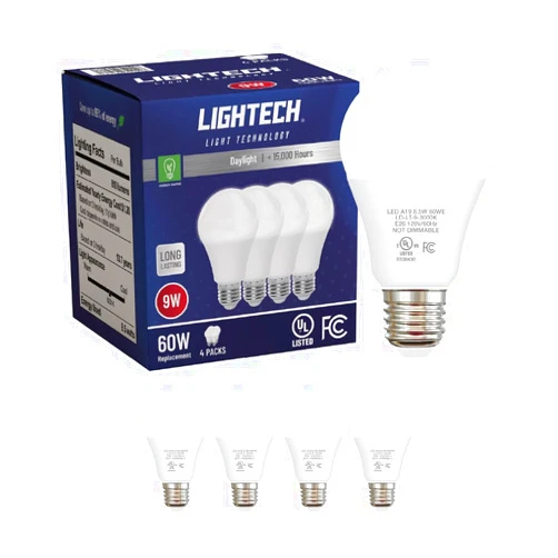 Lightech A19 LED Light Bulbs, 4 Pack, 60W Equivalent, 9W Daylight 5000K Light Bulb, 810 LM, Bedroom, Living Room, Kitchen, Garage, Daylight LED Light Bulbs, Non-Dimmable, E26, UL Listed