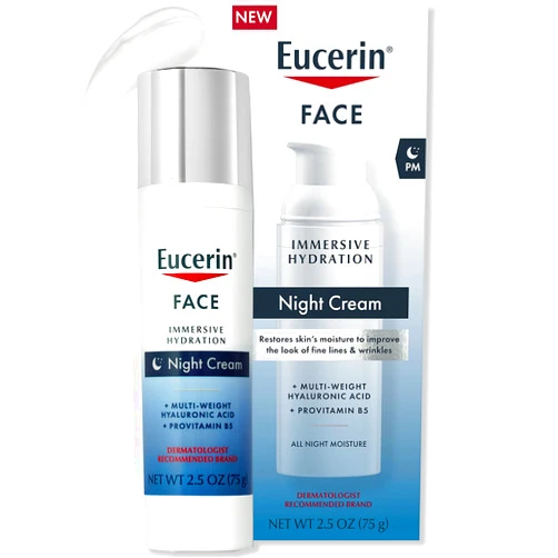 Eucerin Face Immersive Hydration Night Cream with Hyaluronic Acid and Provitamin B5, Ultra-Lightweight Face Moisturizer Smooths Fines Lines and Wrinkles, 2.5 Oz Bottle